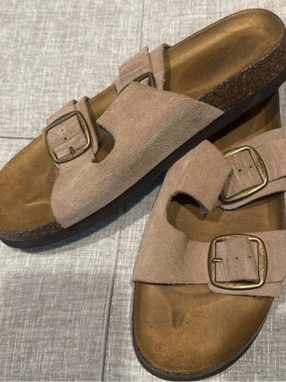 Suede Double Buckle Slide Sandals in Taupe